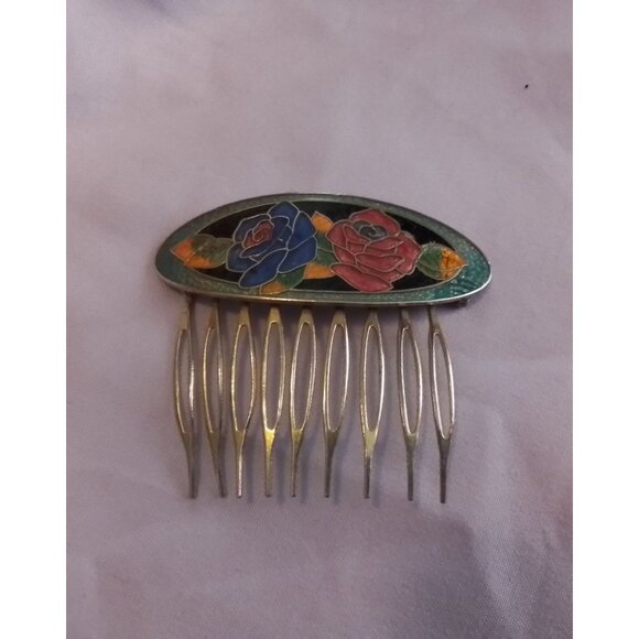 Vintage Cloissone Metal Hair Comb with Enamel Rose Floral Design Gold-Tone - Picture 1 of 3